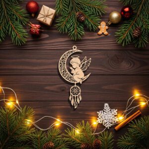 Angel Moon Ornament, Laser Engraved Celestial Christmas Decor