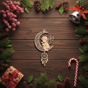 Angel Moon Ornament, Laser Engraved Celestial Christmas Decor