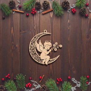 Angel on Moon Christmas Ornament Laser File, Celestial
