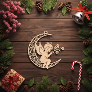 Angel on Moon Christmas Ornament Laser File, Celestial