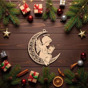 Angel on Moon Laser File, Celestial Christmas Ornament,