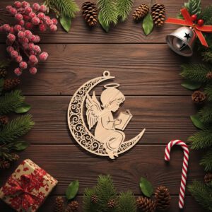 Angel on Moon Laser File, Celestial Christmas Ornament,