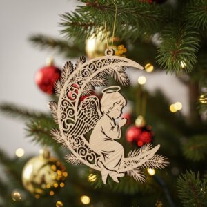 Angel on Moon Ornament, Christmas Laser File, Celestial