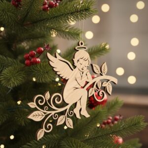 Angel Ornament Christmas Laser File, Floral Angel Branch,