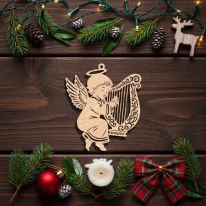 Angel Ornament Christmas Laser File, Harp Playing Angel