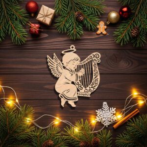Angel Ornament Christmas Laser File, Harp Playing Angel
