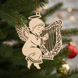 Angel Ornament Christmas Laser File, Harp Playing Angel