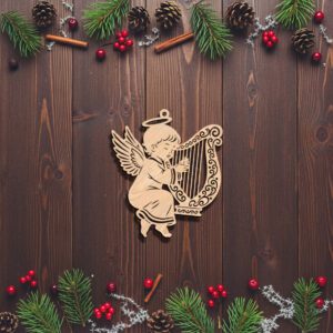 Angel Ornament Christmas Laser File, Harp Playing Angel