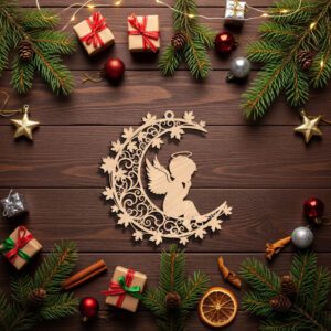 Angel Ornament File, Christmas Moon Silhouette Design for
