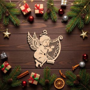 Angel Ornament Laser File, Harp Christmas Decor, CNC