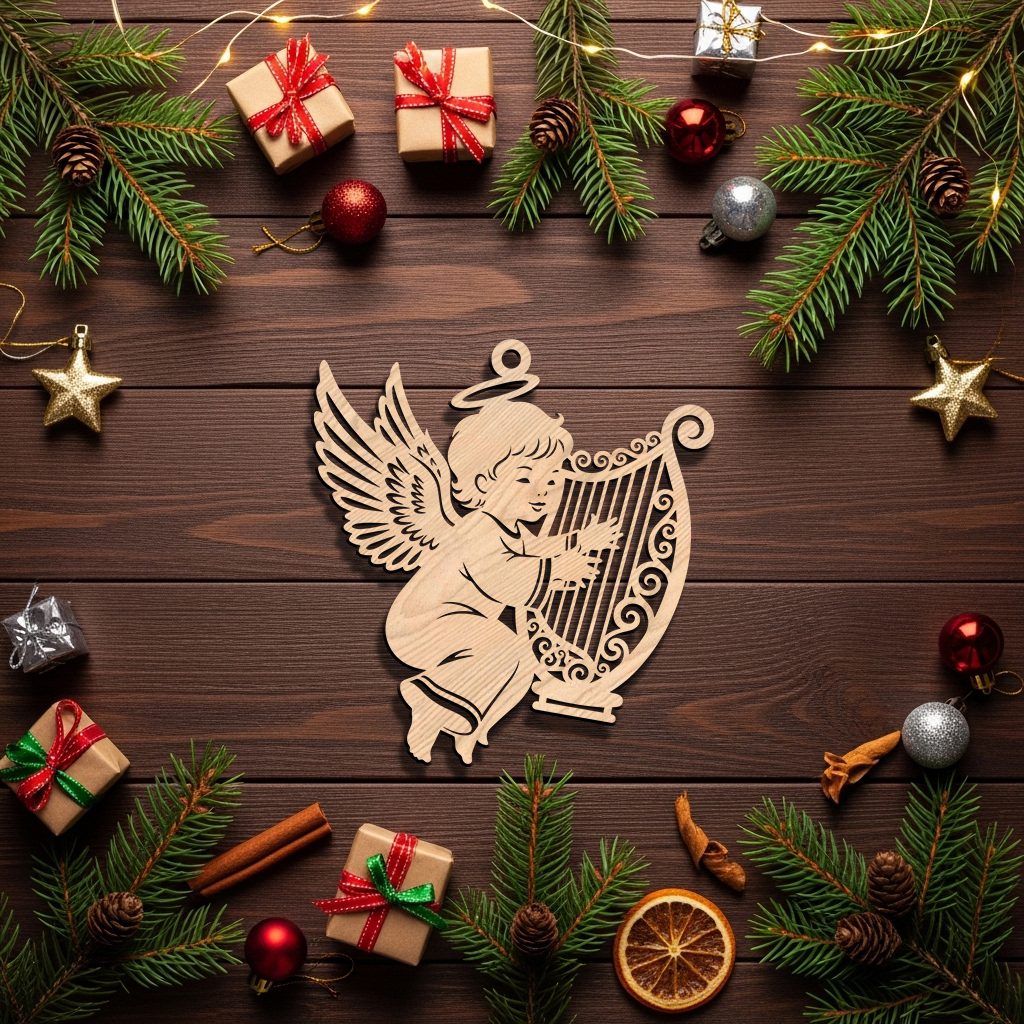 Angel Ornament Laser File, Harp Christmas Decor, CNC