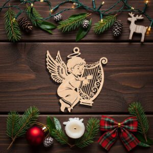 Angel Ornament Laser File, Harp Christmas Decor, CNC