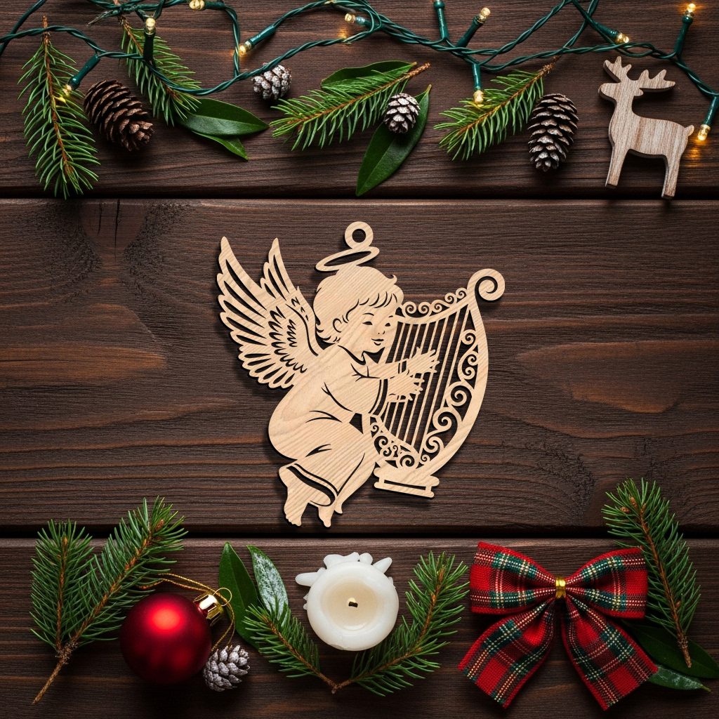 Angel Ornament Laser File, Harp Christmas Decor, CNC