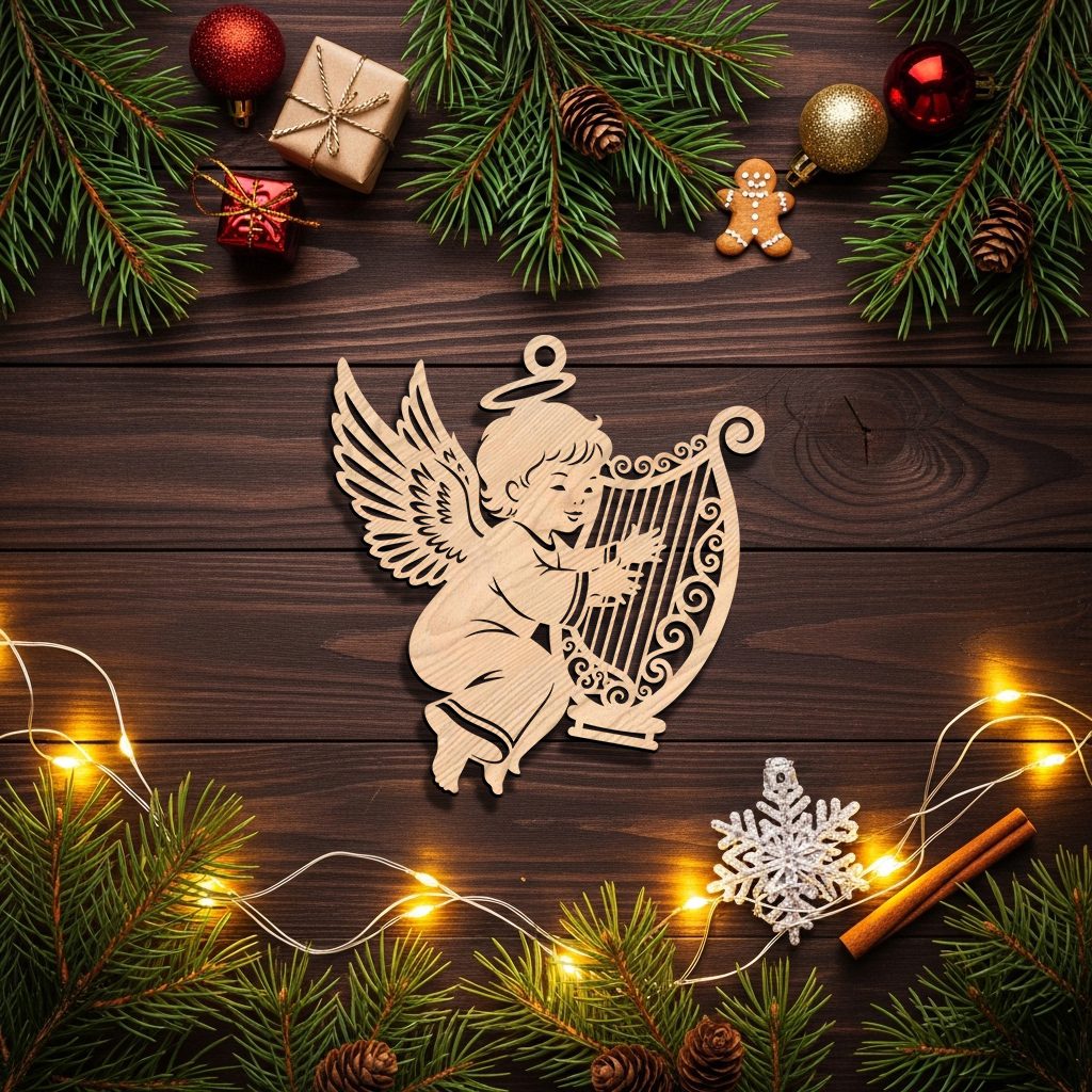 Angel Ornament Laser File, Harp Christmas Decor, CNC