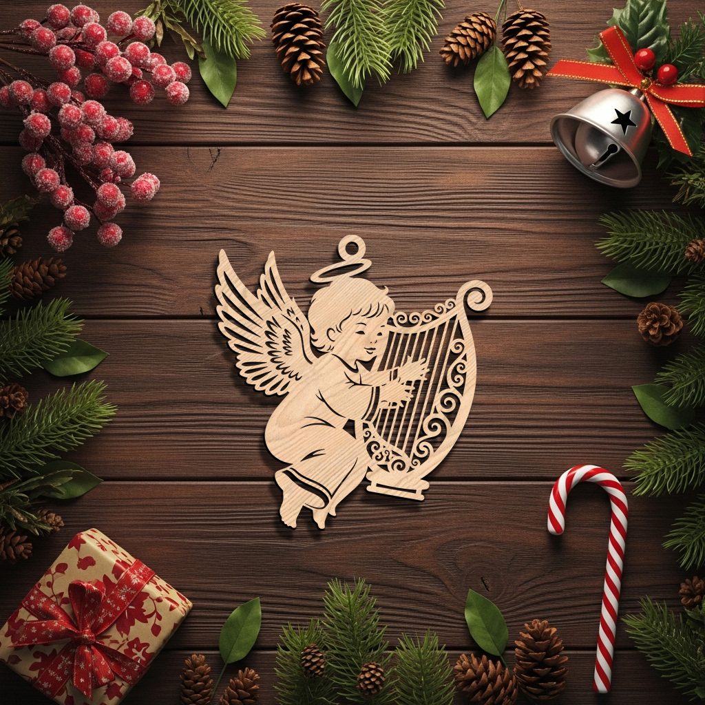 Angel Ornament Laser File, Harp Christmas Decor, CNC