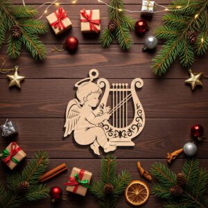 Angel Ornament Laser File, Harp Christmas Wood Design,