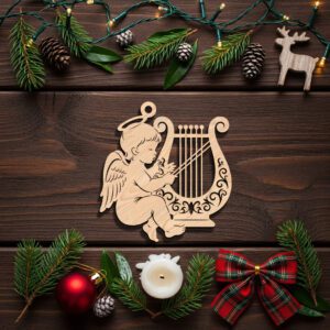 Angel Ornament Laser File, Harp Christmas Wood Design,
