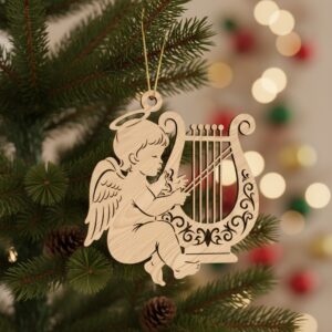 Angel Ornament Laser File, Harp Christmas Wood Design,