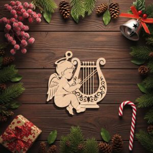 Angel Ornament Laser File, Harp Christmas Wood Design,