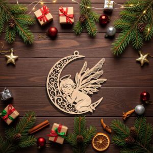 Angel Ornament Laser File, Sleeping Angel on Moon,