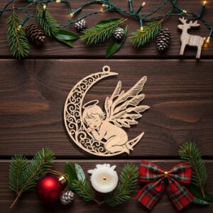 Angel Ornament Laser File, Sleeping Angel on Moon,