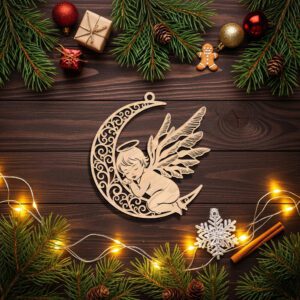 Angel Ornament Laser File, Sleeping Angel on Moon,