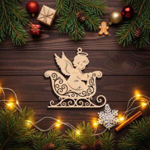 Angel Sleigh Ornament, Christmas Silhouette Design, Laser Engraved