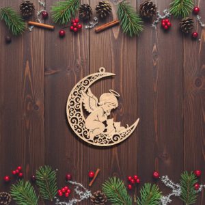 Cat Ornament Laser Design, Angel on Moon with
