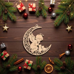 Cat Ornament Laser Design, Angel on Moon with