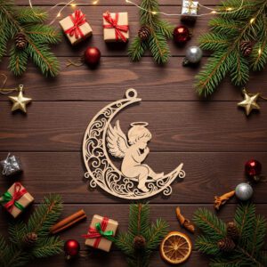 Christmas Angel Ornament Digital File, Filigree Moon Design,