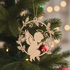 Christmas Angel Ornament Digital File, Holiday Holly Wreath