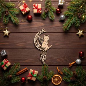 Christmas Angel Ornament File, Moon Dreamcatcher Silhouette, Boho