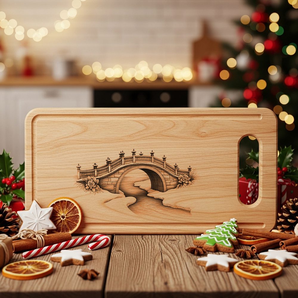 Christmas Laser Engraving File, Snowy Bridge Charcuterie Board,