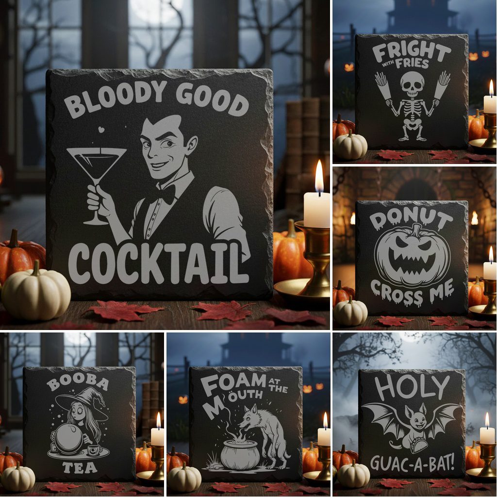 Halloween Slate Coaster Design Bundle, 9 Funny Engraving
