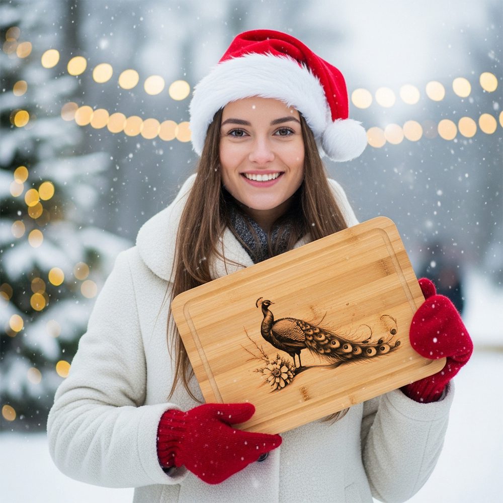 Peacock Engraving Laser File, Christmas Charcuterie Board, Winter