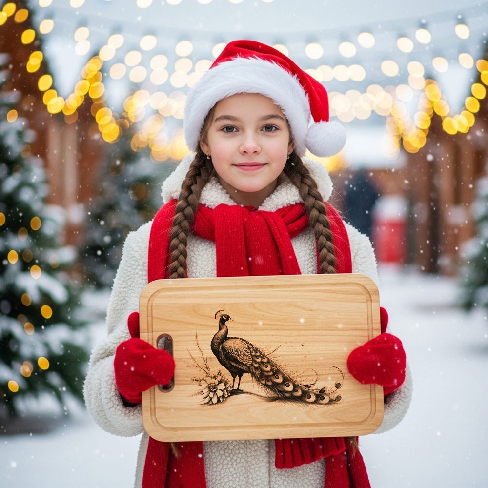 Peacock Engraving Laser File, Christmas Charcuterie Board, Winter