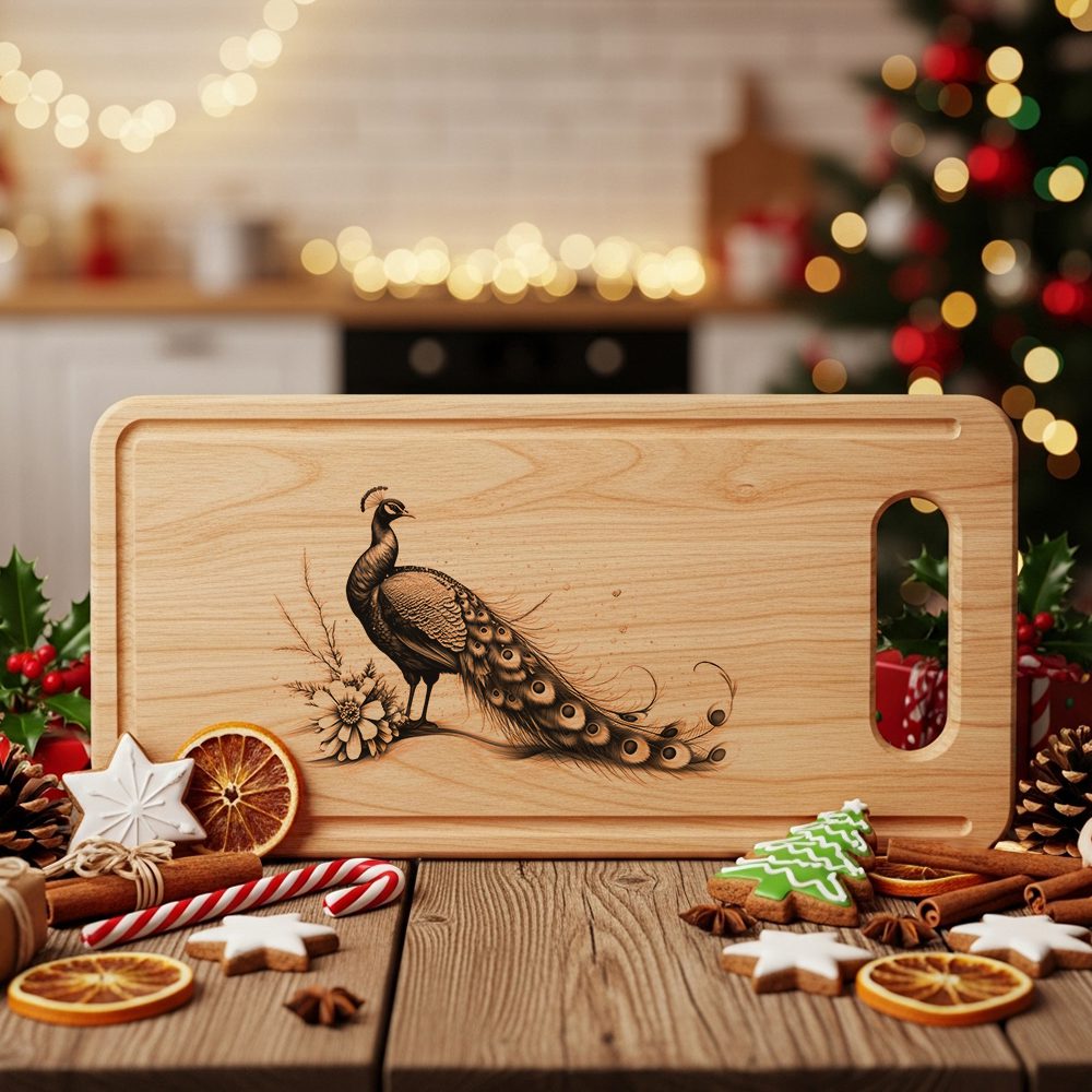 Peacock Engraving Laser File, Christmas Charcuterie Board, Winter
