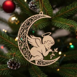 Angel on Moon Ornament File, Christmas Celestial Home Decor Digital Download