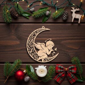 Angel on Moon Ornament File, Christmas Celestial Home Decor Digital Download