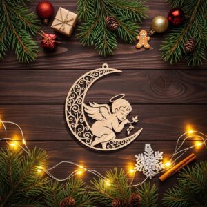 Angel on Moon Ornament File, Christmas Celestial Home Decor Digital Download
