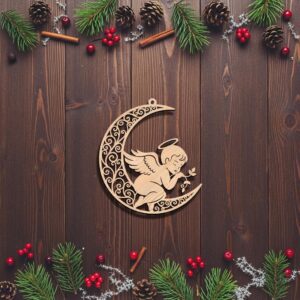 Angel on Moon Ornament File, Christmas Celestial Home Decor Digital Download