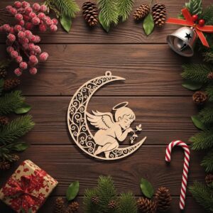 Angel on Moon Ornament File, Christmas Celestial Home Decor Digital Download