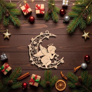 Angel Ornament Laser File, Christmas Moon Angel Celestial Decoration Digital Download