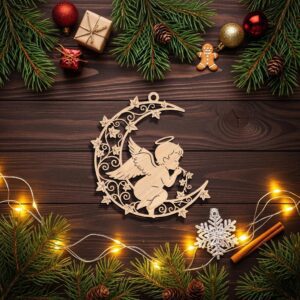 Angel Ornament Laser File, Christmas Moon Angel Celestial Decoration Digital Download