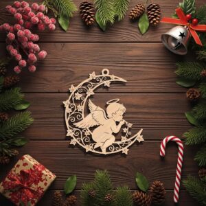 Angel Ornament Laser File, Christmas Moon Angel Celestial Decoration Digital Download