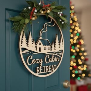 Christmas Cabin Door Hanger Digital File, Round Welcome Sign for Home Decor