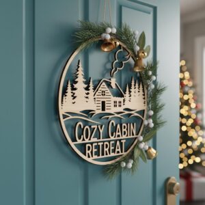 Christmas Cabin Door Hanger, Round Winter Scene Wood Sign, Holiday Home Decor