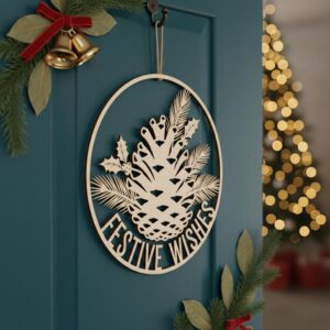 Christmas Door Hanger Bundle, 6 Laser Design Wooden Holiday Welcome Round Signs