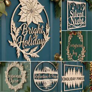 Christmas Door Hanger Bundle, 6 Laser Designs for Round Wood Signs, Porch Decor