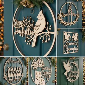Christmas Door Hanger Bundle, 6 Round Wooden Sign Files for Holiday Decoration